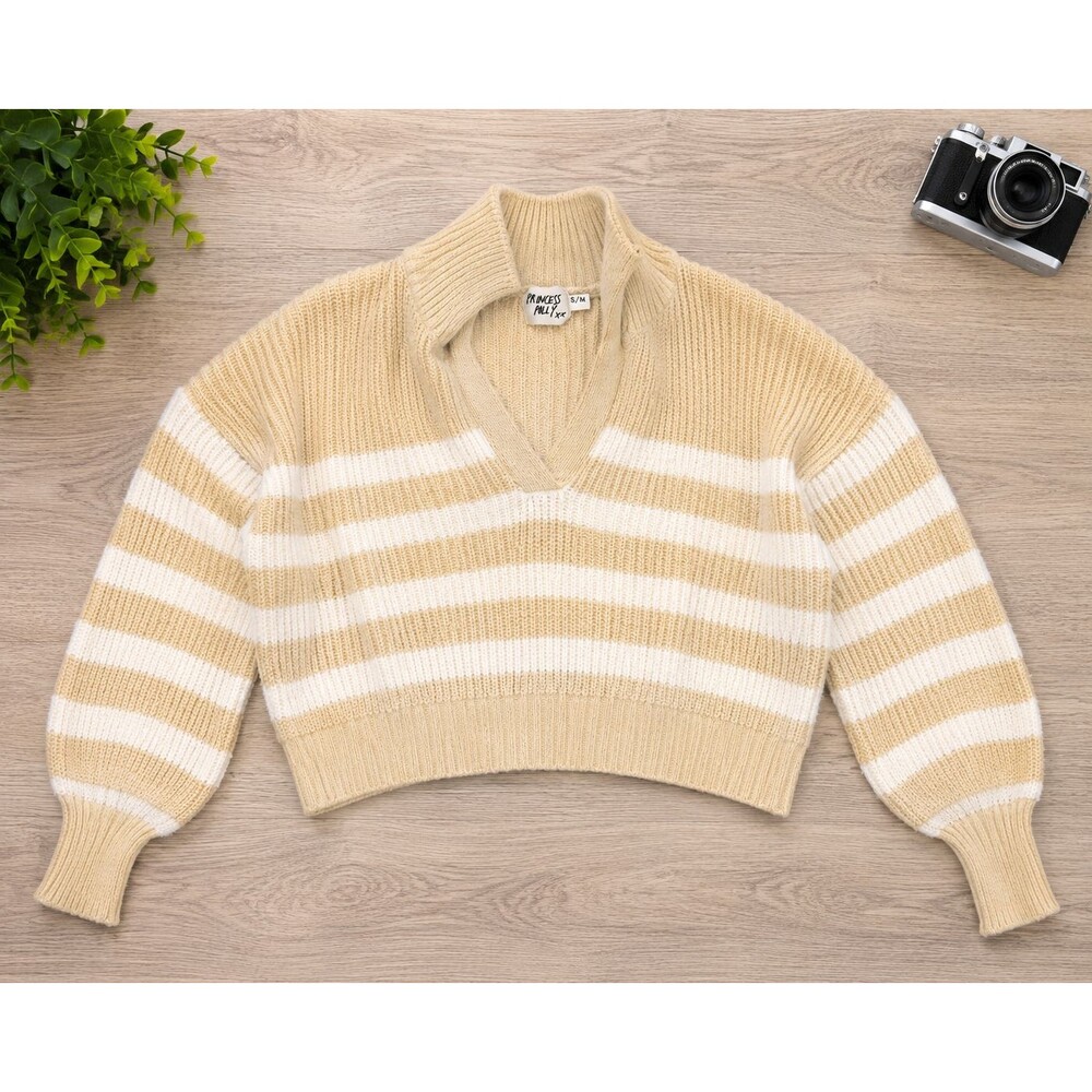 Princess Polly Williamson Stripe Sweater S/M Beige Cream Oversized V Neck Knit